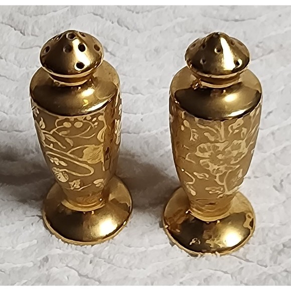 Vintage STOUFFER Etched Gold China SALT & PEPPER Shakers EuC - Picture 3 of 7